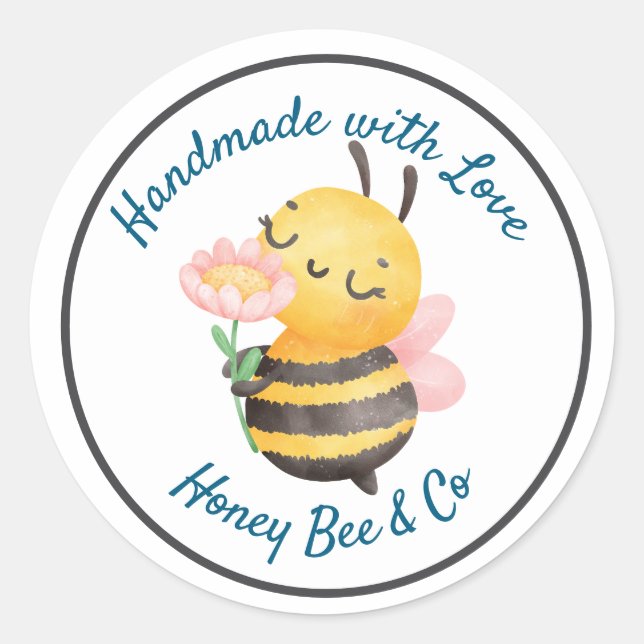 Handmade with Love. Cute Bee Personalized Classic Round Sticker (Front)