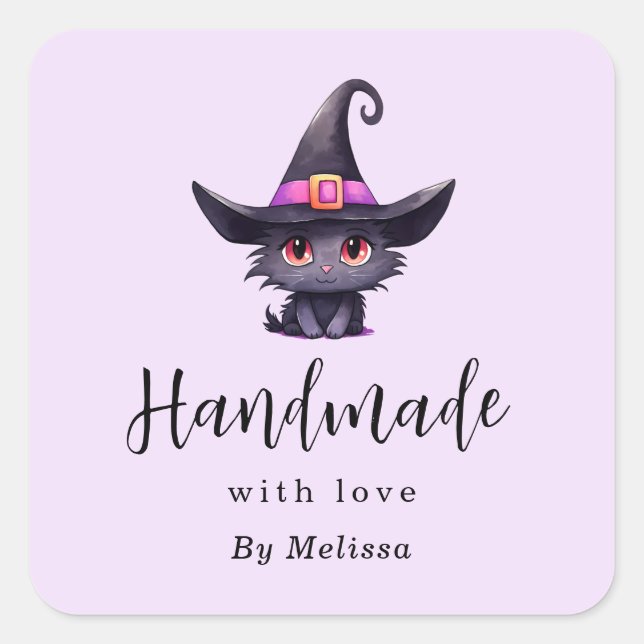 Handmade with Love Cute Black Cat in a Witch's Hat Square Sticker (Front)