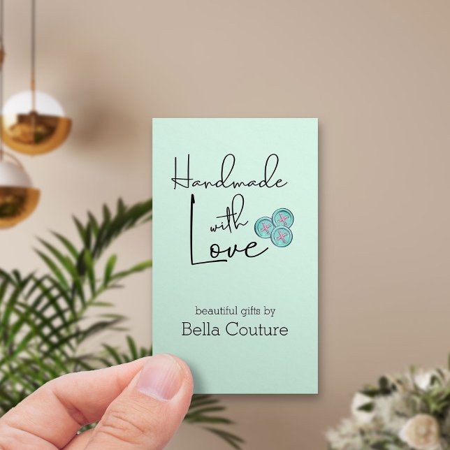 Handmade with Love Cute Buttons Mint Vertical Business Card (Vertical business card - Handmade with Love on green with cute buttons)