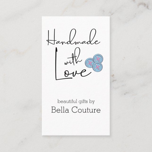 Handmade with Love Cute Buttons White Vertical Business Card (Front)
