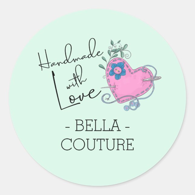 Handmade with Love Cute Country Heart Mint Green Classic Round Sticker (Front)