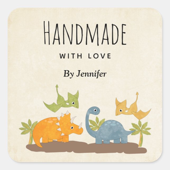 Handmade with Love Cute Dinosaurs Prehistoric Square Sticker (Front)