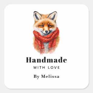 Handmade with Love Cute Fox in a Red Scarf Square Sticker