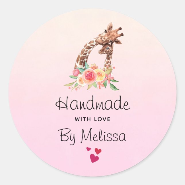 Handmade with Love Cute Giraffe Mom & Baby Classic Round Sticker (Front)