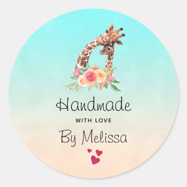 Handmade with Love Cute Giraffe Mom & Baby Classic Round Sticker (Front)