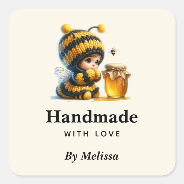 Handmade with Love Cute Girl in Bee Costume Square Sticker (Front)