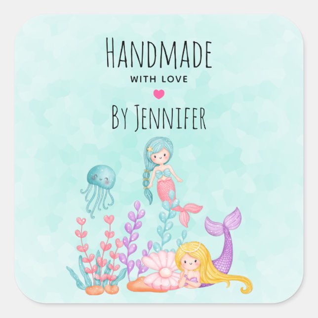 Handmade with Love Cute Mermaid Under the Sea Square Sticker (Front)