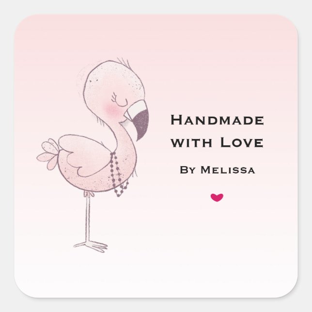 Handmade with Love Cute Pink Flamingo Illustration Square Sticker (Front)