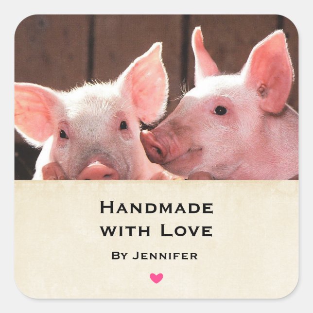 Handmade with Love Cute Pink Piglets Animal Photo Square Sticker (Front)