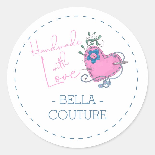Handmade with Love Cute Sewing Theme Pink and Blue Classic Round Sticker (Front)