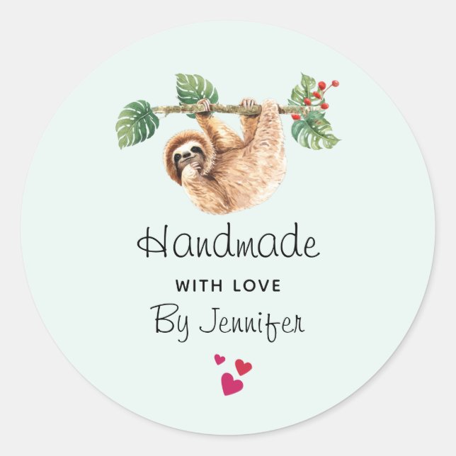 Handmade with Love Cute Sloth Hanging Upside Down Classic Round Sticker (Front)