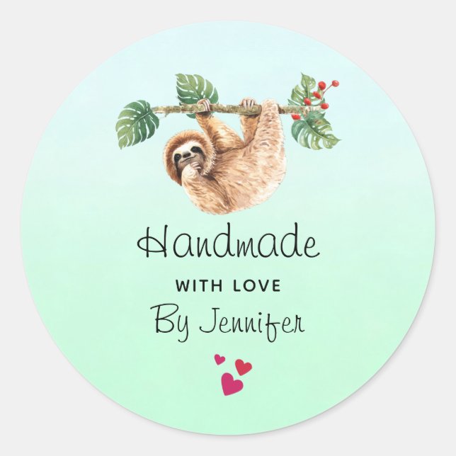 Handmade with Love Cute Sloth Hanging Upside Down Classic Round Sticker (Front)