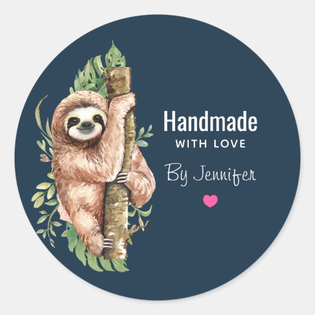Handmade with Love Cute Watercolor Sloth Classic Round Sticker (Front)