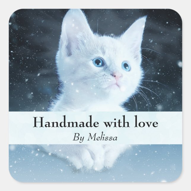 Handmade with Love Cute White Kitten Photo Square Sticker (Front)