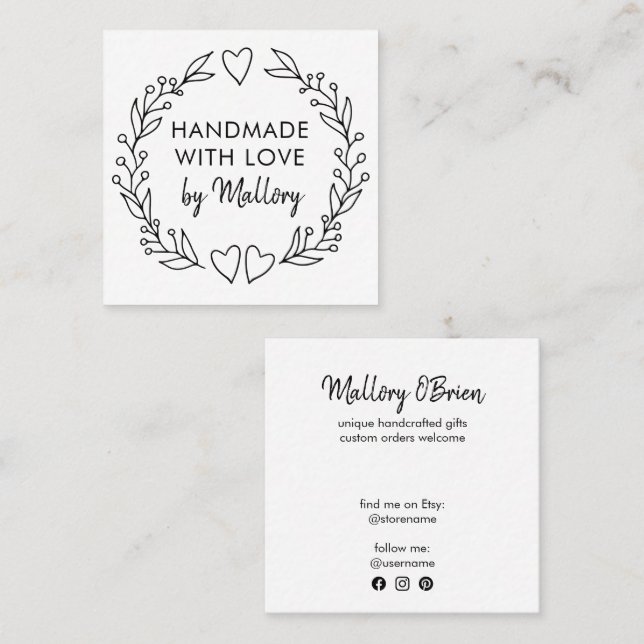 Handmade with Love Doodle Wreath Brush Script Square Business Card (Front/Back)