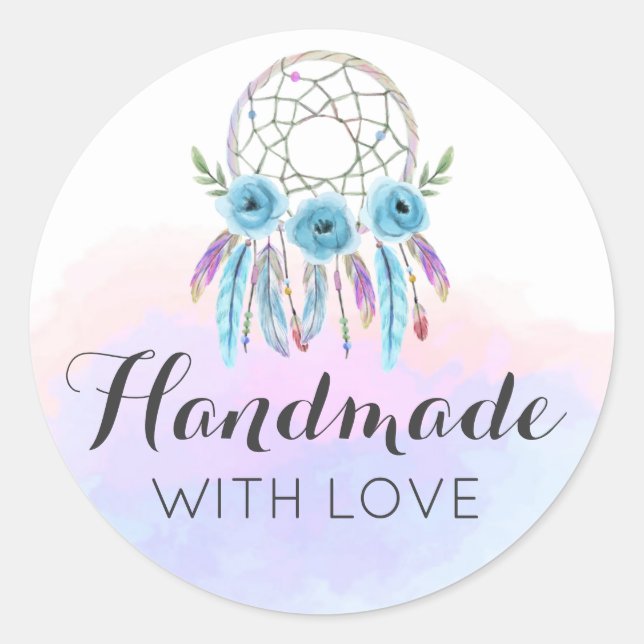 Handmade With Love Dreamcatcher Watercolor Feather Classic Round Sticker (Front)