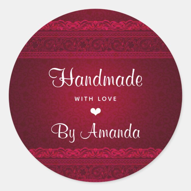 Handmade with Love Elegant Red Background Stylish Classic Round Sticker (Front)