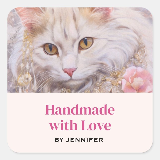 Handmade with Love Elegant White Cat in Jewels Square Sticker (Front)