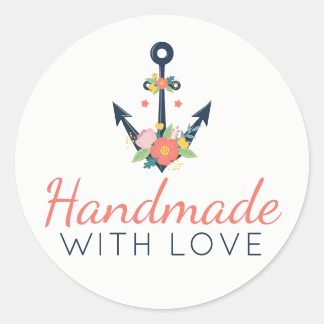 Handmade With Love Floral Anchor Nautical Faith Classic Round Sticker (Front)