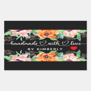 Handmade with Love Floral Black Rectangular Sticke Sticker
