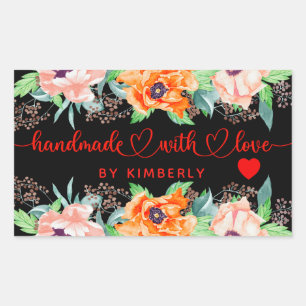 Handmade with Love Floral Black Rectangular Sticke Sticker