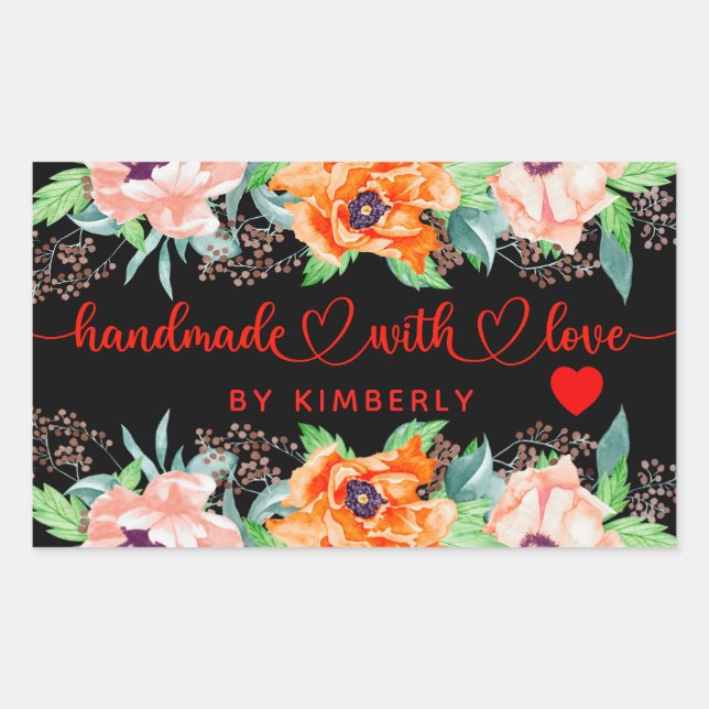Handmade with Love Floral Black Rectangular Sticke Sticker (Front)
