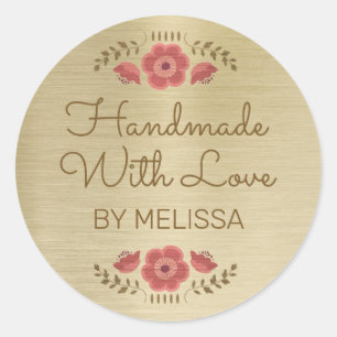 Handmade With Love Floral Gold Classic Round Sticker