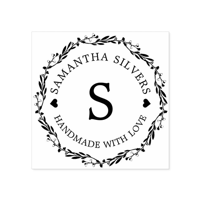 Handmade With Love Floral Personalized Monogram Rubber Stamp (Imprint)