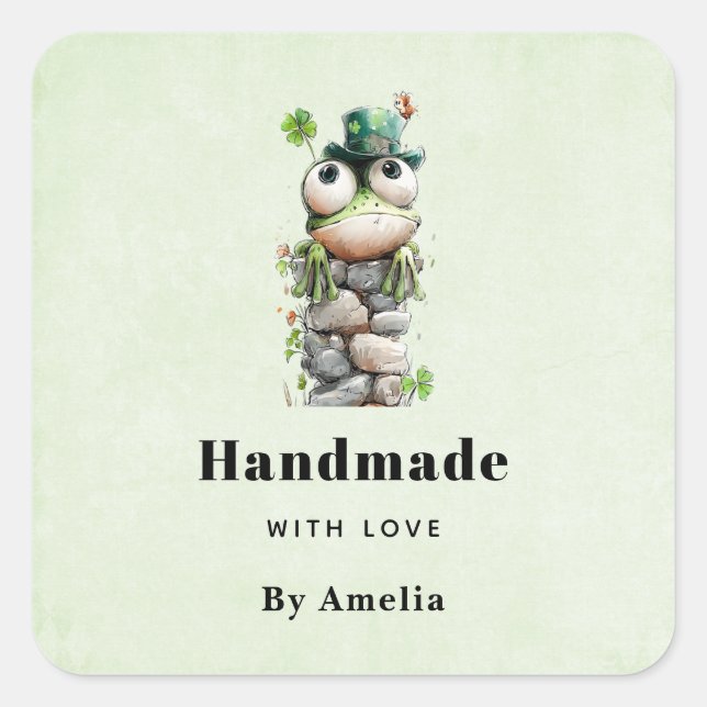 Handmade with Love Frog with Green Hat and Clover Square Sticker (Front)