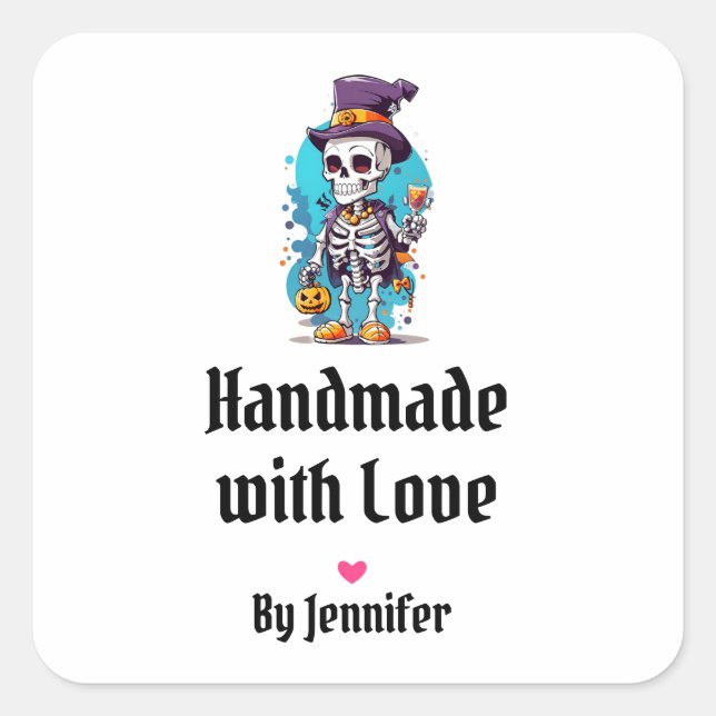 Handmade with Love Funny Halloween Skeleton Square Sticker (Front)