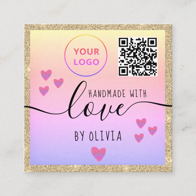 Handmade with love gold glitter pink logo qr code square business card (Front)