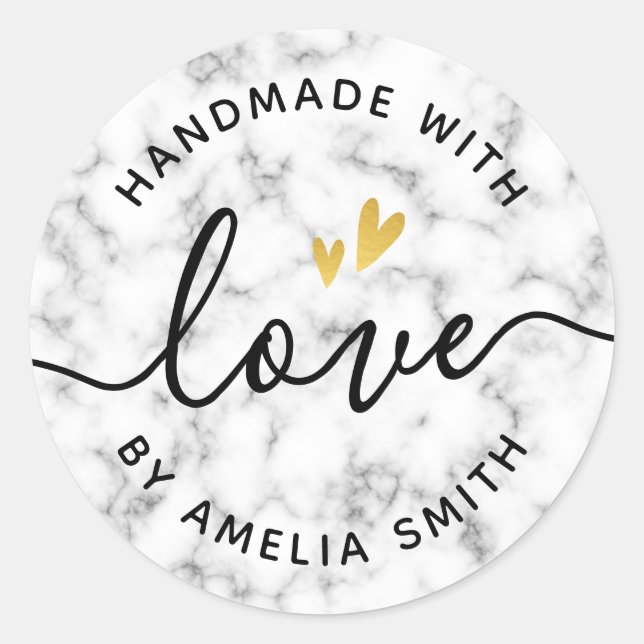 Handmade with love golden heart custom name marble classic round sticker (Front)