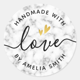 Handmade with love golden heart custom name marble classic round sticker