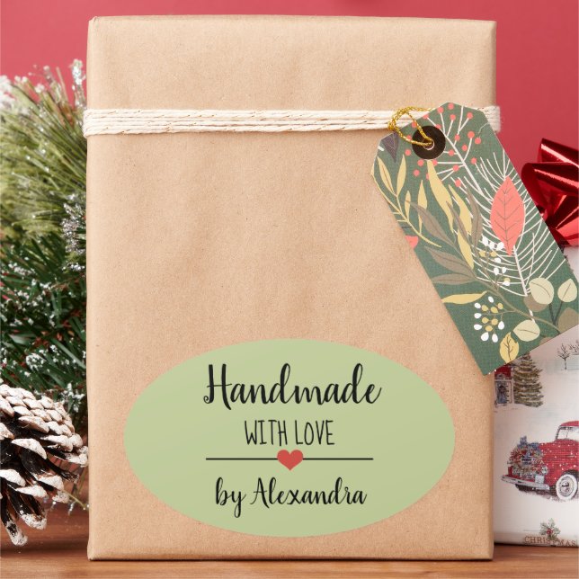 Handmade with love green modern oval sticker (Holiday)