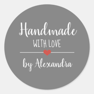 Handmade with love grey script name classic round sticker