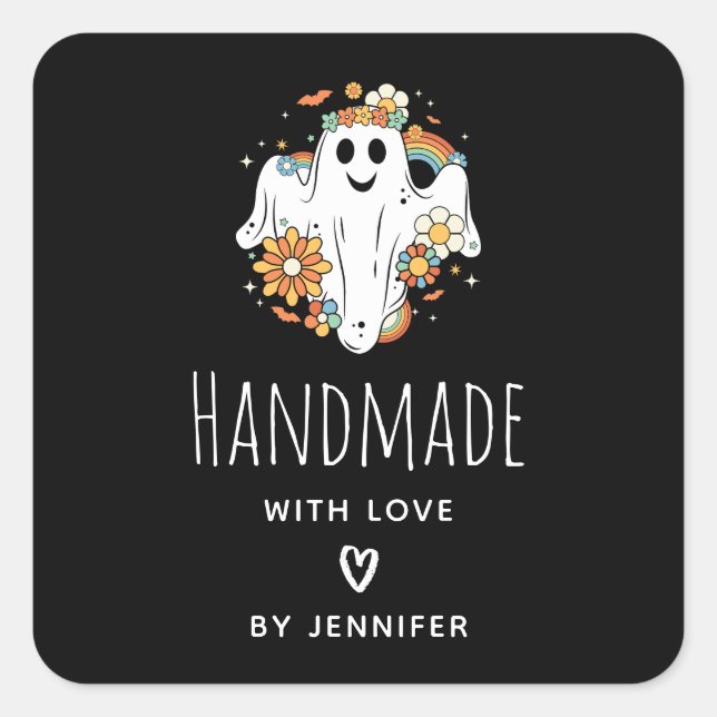 Handmade with Love Happy Ghost Retro Hippie Vibe Square Sticker (Front)