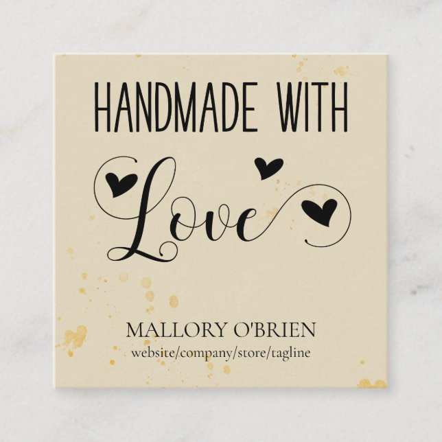 Handmade with Love Heart Calligraphy Wheat Gold Square Business Card (Front)