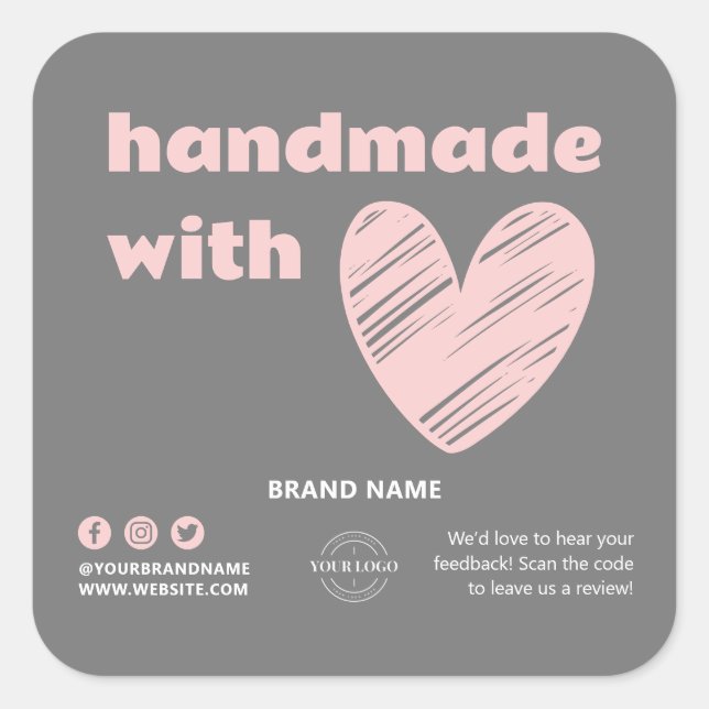 Handmade With Love Heart Logo Grey Pink Box Seal (Front)