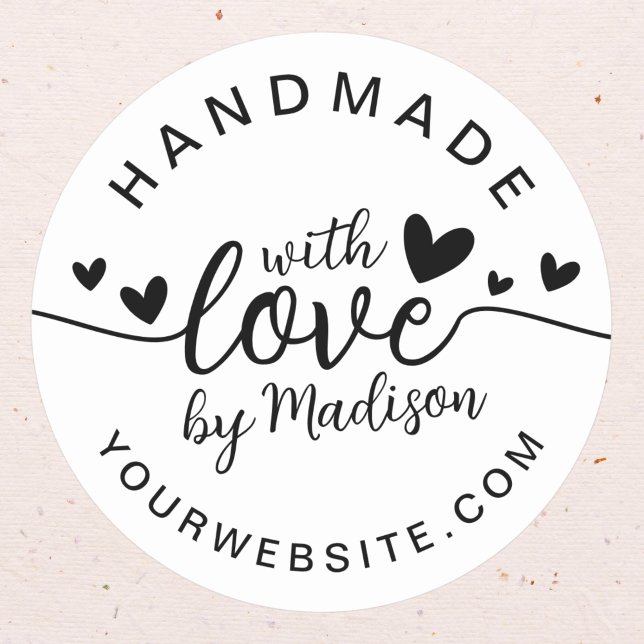 Handmade with Love Heart Name and URL Classic Round Sticker (Creator Uploaded)