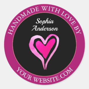 Handmade With Love, Heart, Name Deep Fuchsia Black Classic Round Sticker
