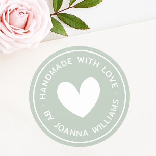 Handmade with love heart name dusty green classic round sticker