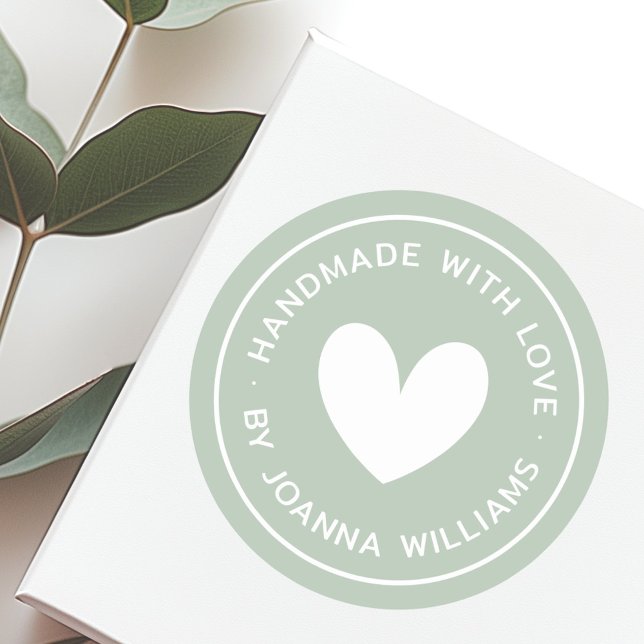 Handmade with love heart name dusty green classic round sticker (Handmade with love heart name dusty green classic round sticker)