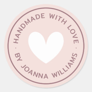 Handmade with love heart name light blush pink classic round sticker