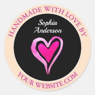 Handmade With Love, Heart Name, Pale Peach & Black Classic Round Sticker