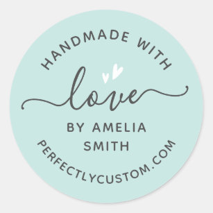 Handmade with love heart name URL light aqua blue Classic Round Sticker