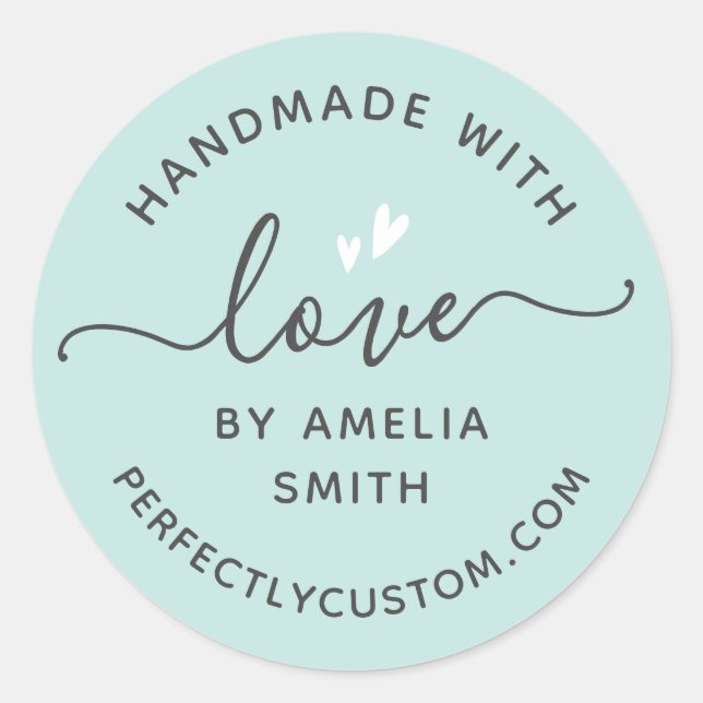 Handmade with love heart name URL light aqua blue Classic Round Sticker (Front)