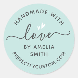 Handmade with love heart name URL light aqua blue Classic Round Sticker