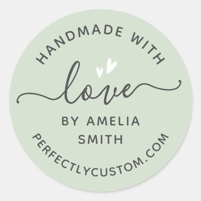 Handmade with love heart name URL light sage green Classic Round Sticker (Front)