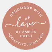 Handmade with love heart name URL terracotta brown Classic Round Sticker (Front)
