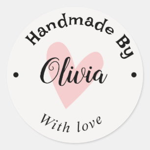 Handmade with love heart name URL terracotta white Classic Round Sticker